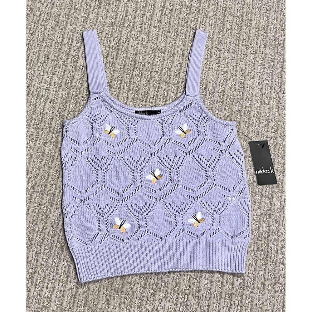 Nikka K XS Lavender Knit Tank Top Embroidered Bees Cottagecore Y2K Balletcore